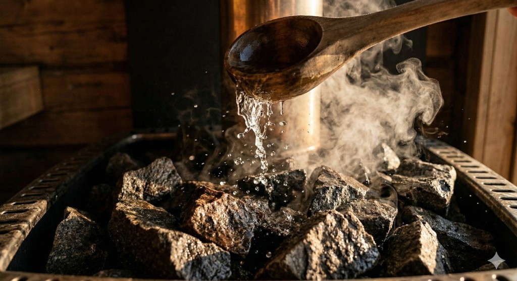 サウナストーンへ水を注ぐ木製ひしゃくと、立ち上る蒸気のクローズアップ
