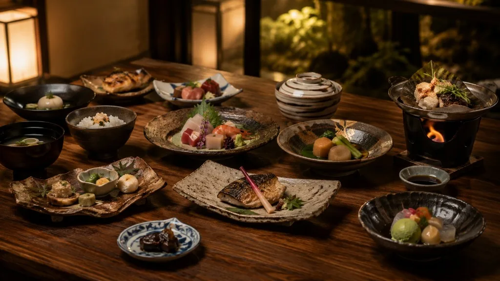 木の卓に並ぶ季節の会席料理