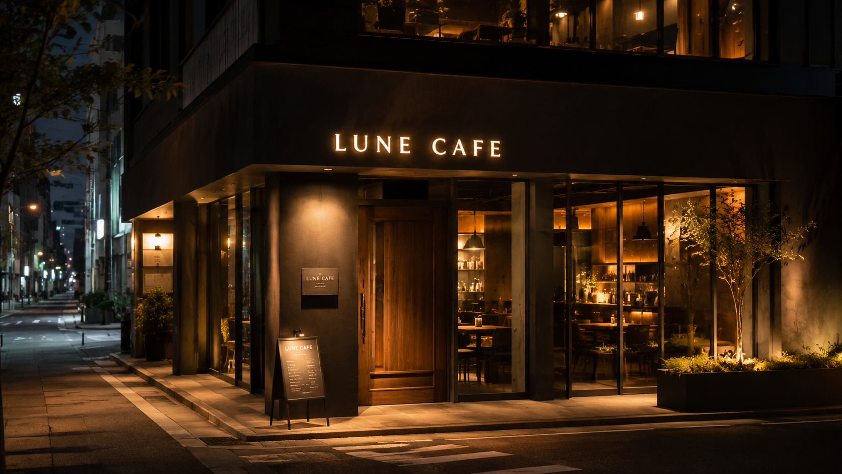 LUNE CAFEの夜の外観