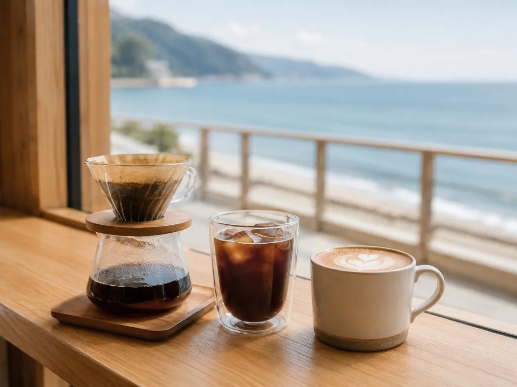 ハンドドリップコーヒーとラテ、海の見えるカウンター