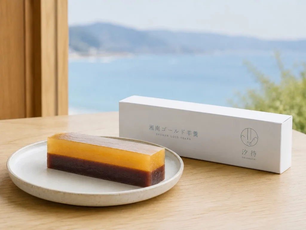 湘南ゴールド羊羹の一本とパッケージ