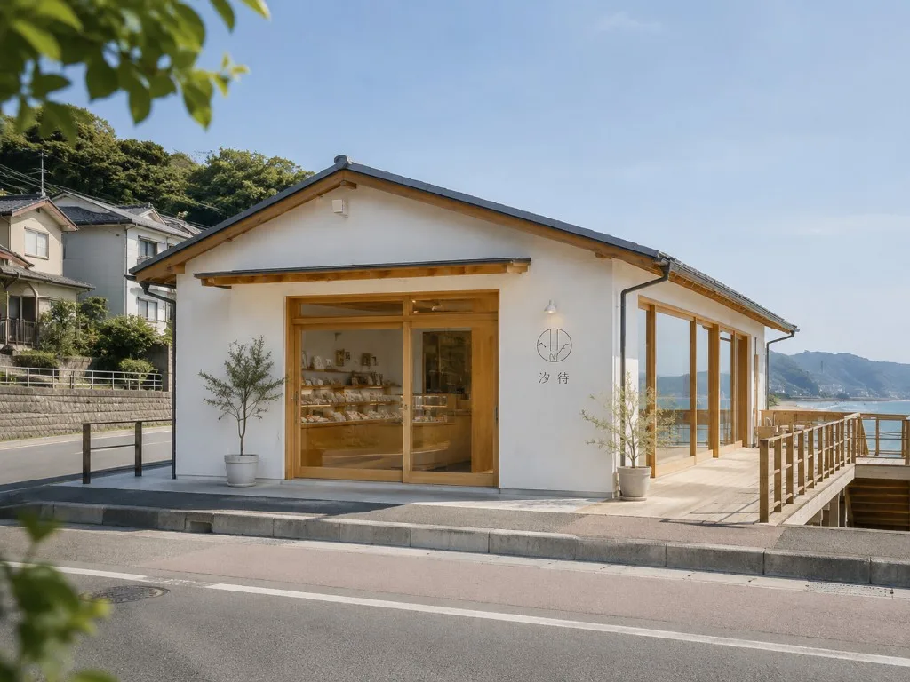 道路側から見た汐待。段差のない入り口と白壁の看板