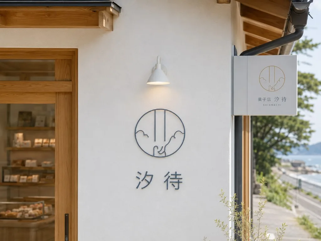 白壁の汐待ロゴと袖看板のディテール