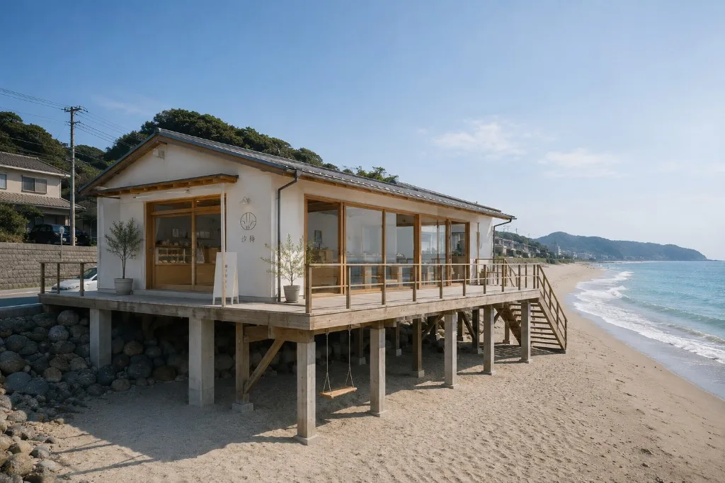 海を望む汐待のテラスと木のベンチ