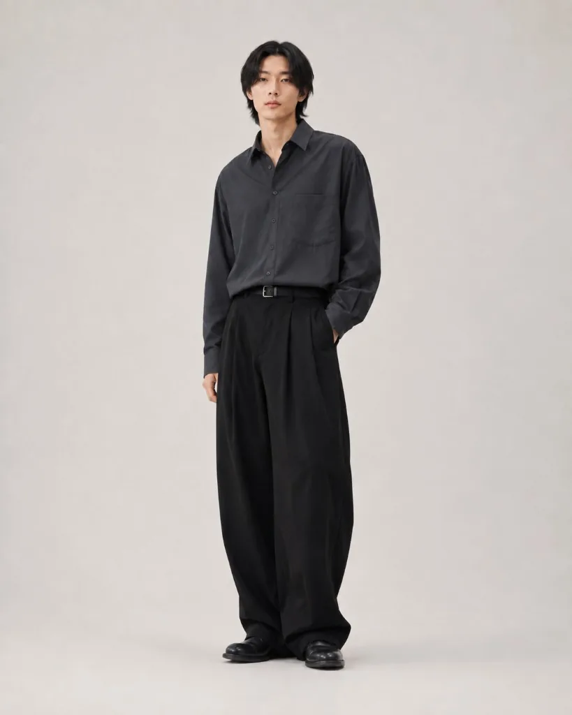 チャコールシャツとワイドパンツの男性全身