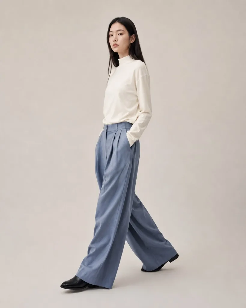 Wide Curve Trousers Dust Blue 着用
