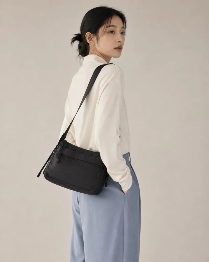 Dust Blueのパンツとバッグを身につけ振り返る女性