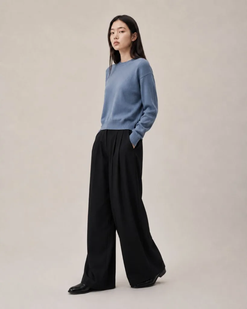 Dust Blueニットを着る女性全身