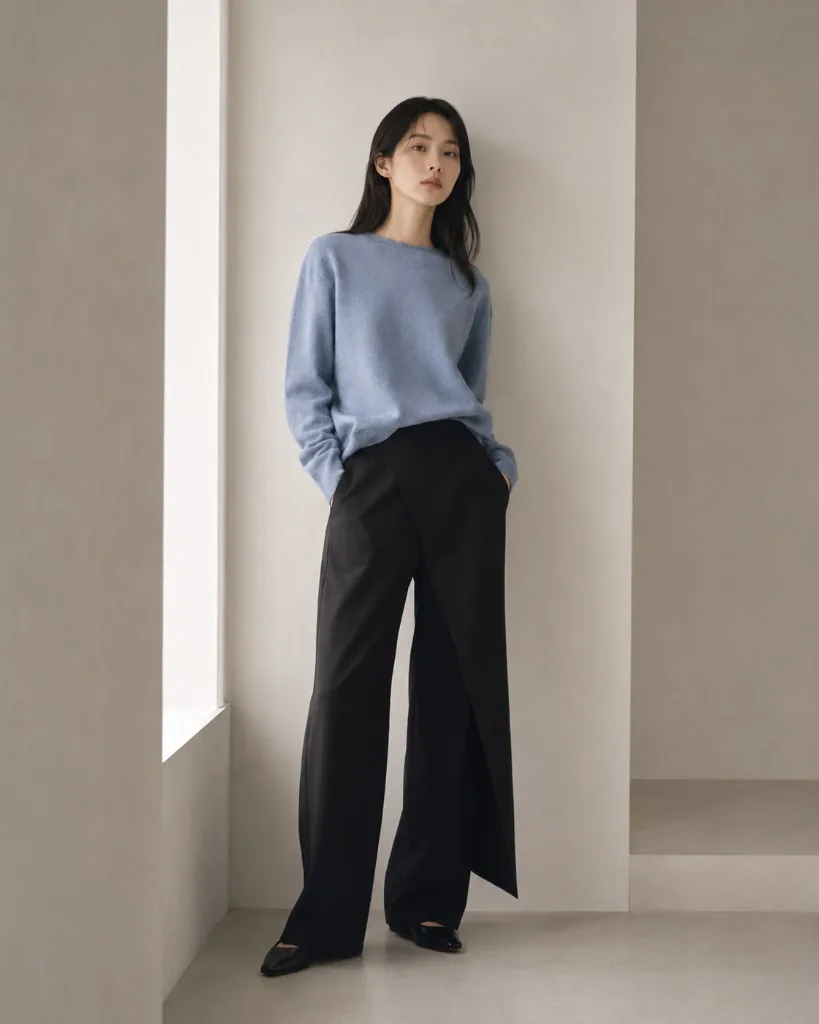 Dust Blueのニットとラップパンツを着る女性