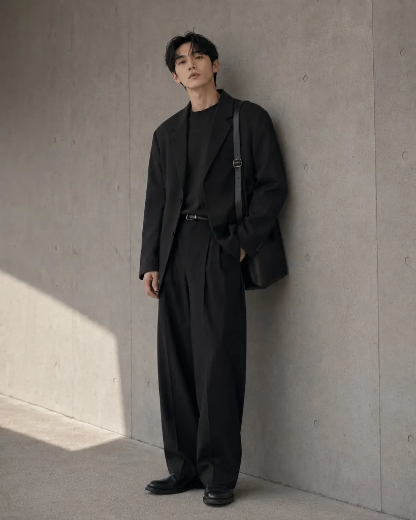 コンクリート壁に寄りかかる男性、黒のブレザーとワイドパンツ