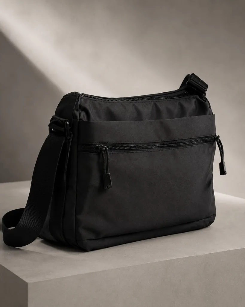 Utility Shoulder Bag 黒、石の台座の上