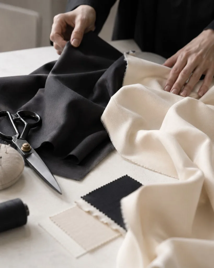 生地を扱う手元。服づくりの工程