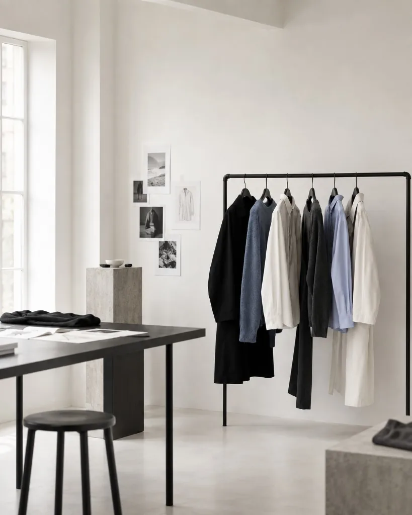 自然光の入るスタジオと衣服ラック