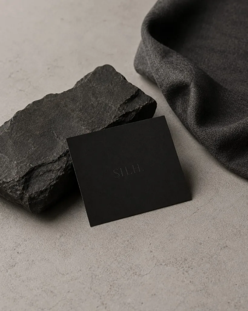 SILH.のブランドカード、石、生地の静物