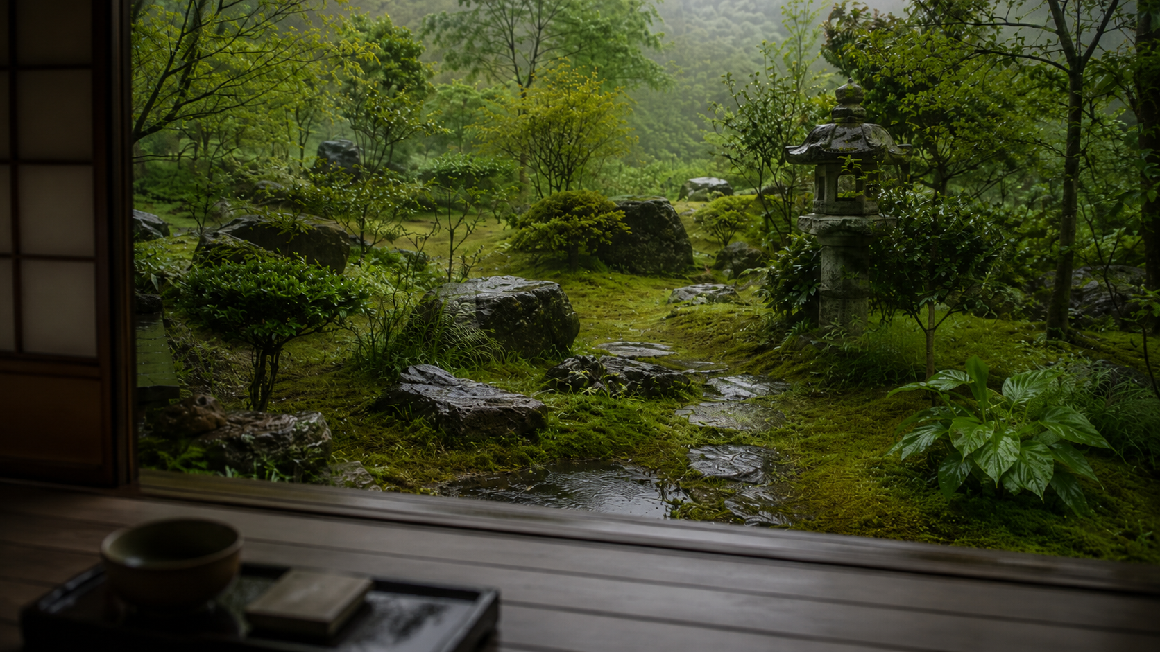 苔と緑が美しい灯庵の庭